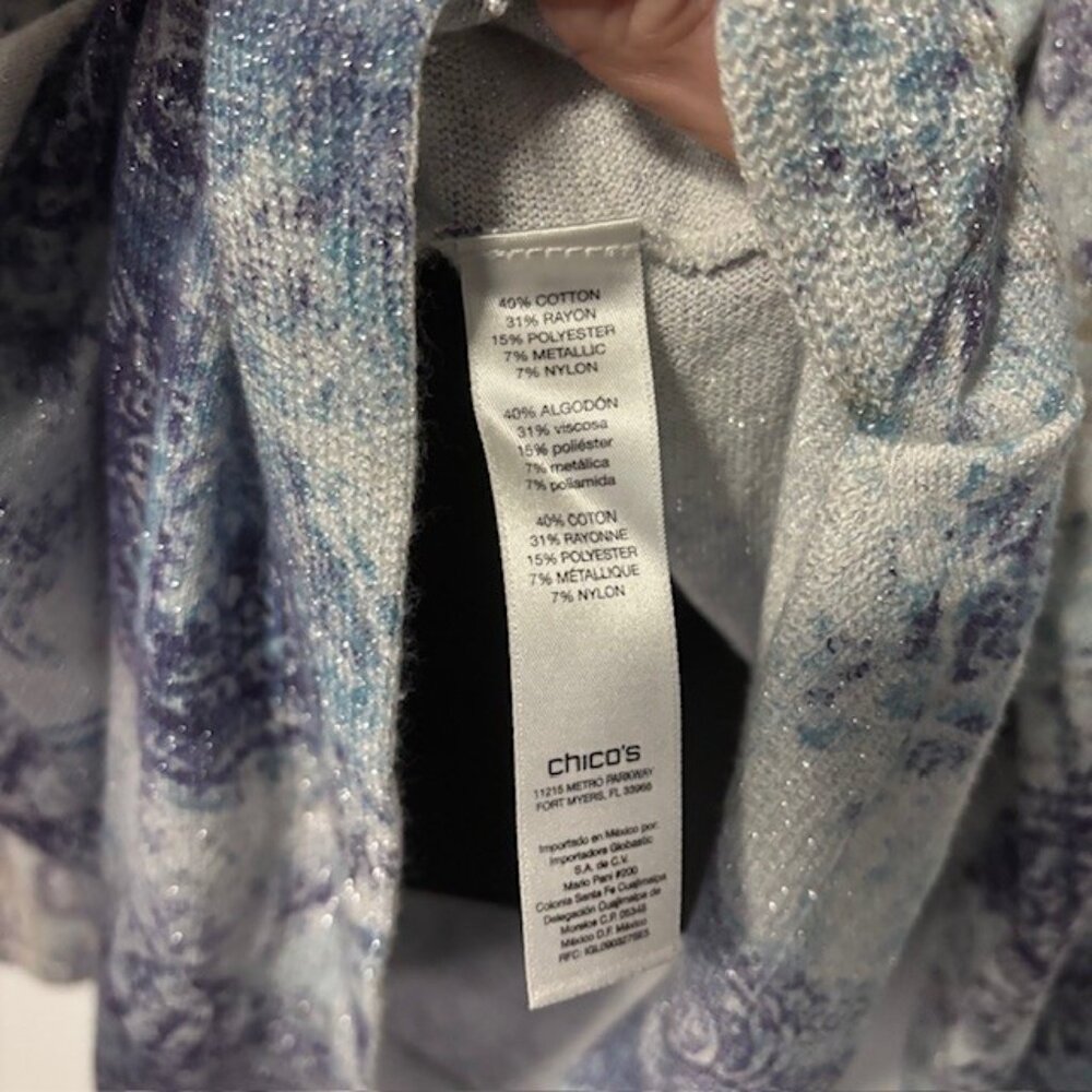 Chico's 1 M Paisley Metallic Shimmer Knit Top Blue Purple Silver Long Sleeve - Picture 7 of 7